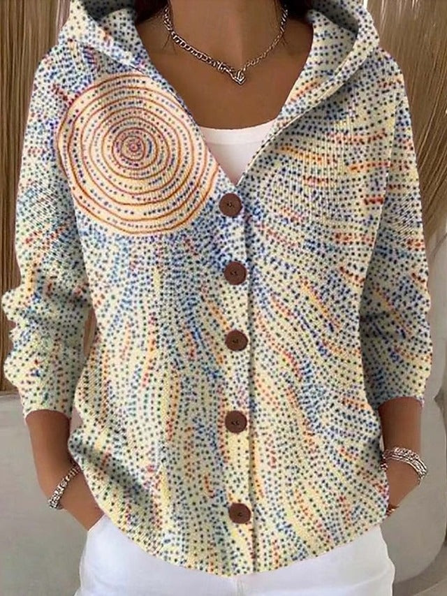 Women's patterned hooded cardigan with button front and pockets