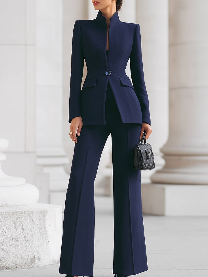 Women's tailored two-piece suit with stand-collar blazer and wide-leg trousers