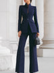 Women's tailored two-piece suit with stand-collar blazer and wide-leg trousers