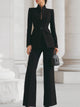Women's tailored two-piece suit with stand-collar blazer and wide-leg trousers