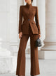 Women's tailored two-piece suit with stand-collar blazer and wide-leg trousers