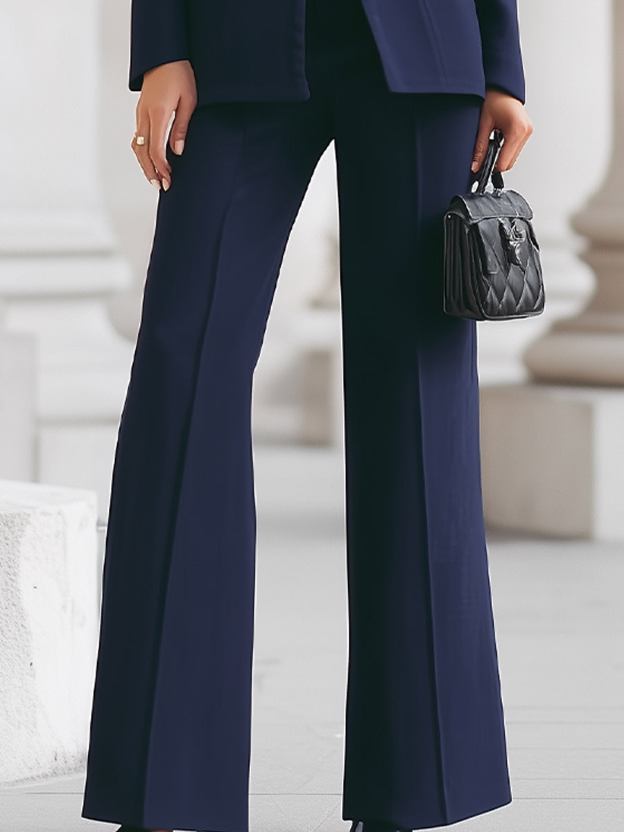 Women's tailored two-piece suit with stand-collar blazer and wide-leg trousers