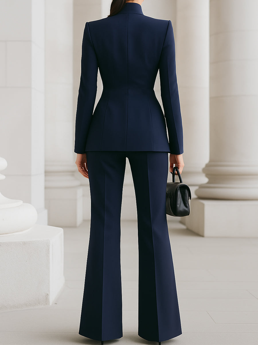 Women's tailored two-piece suit with stand-collar blazer and wide-leg trousers