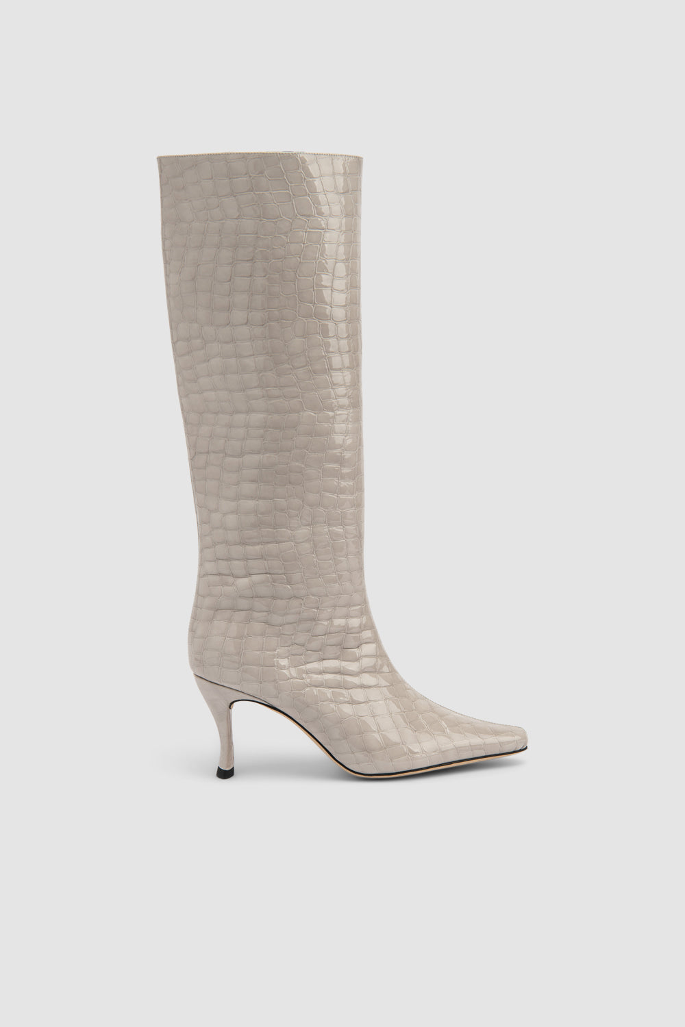 Women's beige croco embossed knee-high boots with pointed toes and stiletto heels