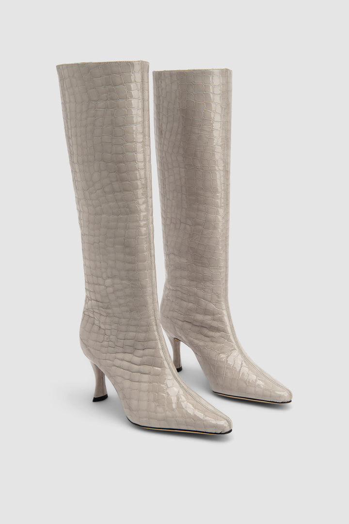 Women's beige croco embossed knee-high boots with pointed toes and stiletto heels