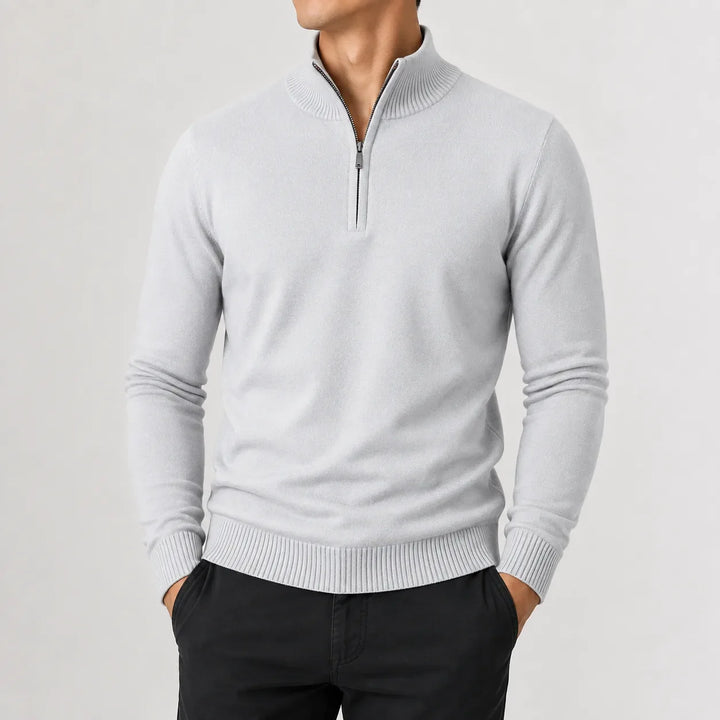 Men's long-sleeve zip-up mock neck sweater with ribbed trims