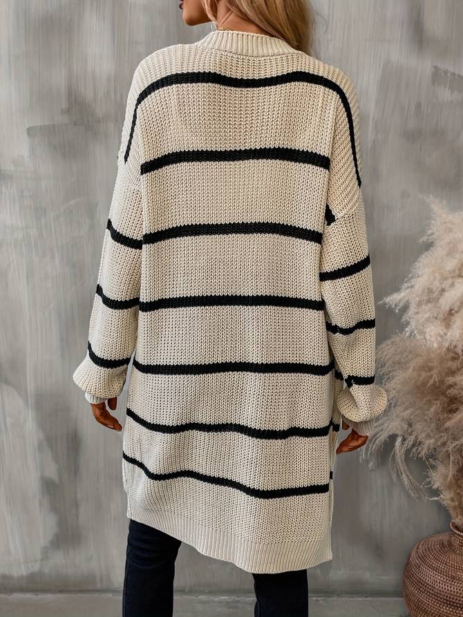 Women's long striped open-front cardigan with long sleeves
