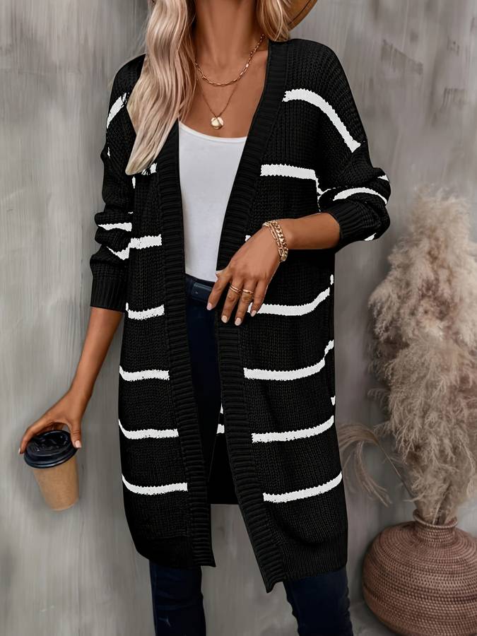 Women's long striped open-front cardigan with long sleeves