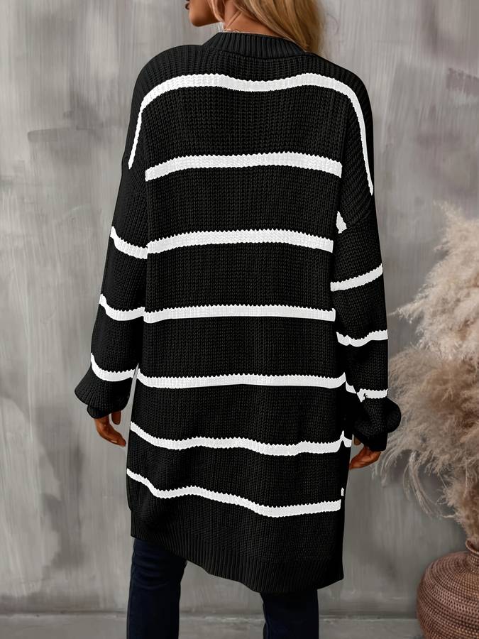 Women's long striped open-front cardigan with long sleeves