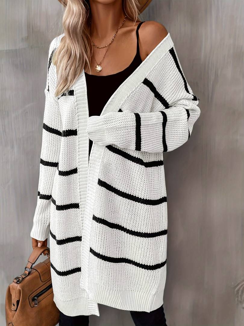 Women's long striped open-front cardigan with long sleeves