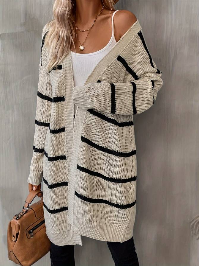 Women's long striped open-front cardigan with long sleeves