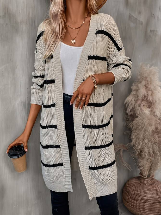 Women's long striped open-front cardigan with long sleeves