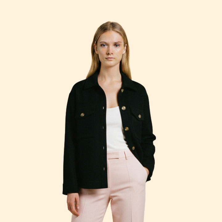 Women's collared button front utility jacket with flap pockets