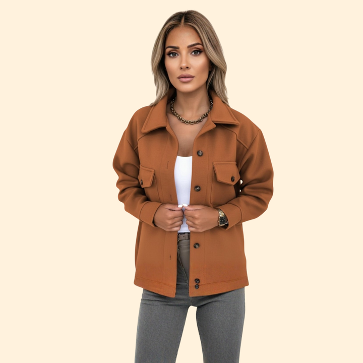 Women's collared button front utility jacket with flap pockets