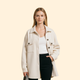 Women's collared button front utility jacket with flap pockets