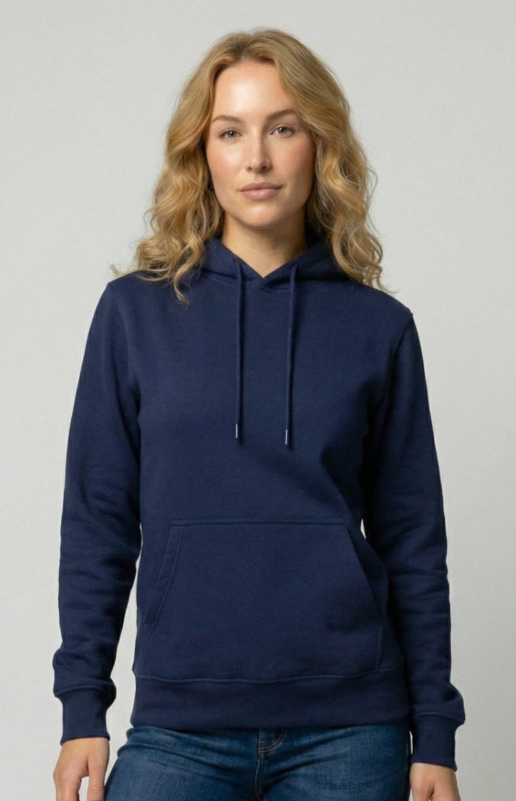 Women's long-sleeve hooded pullover sweatshirt with kangaroo pocket