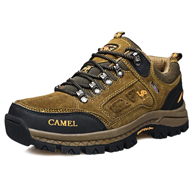 Low-cut hiking shoe with lace-up front and rugged lugged sole