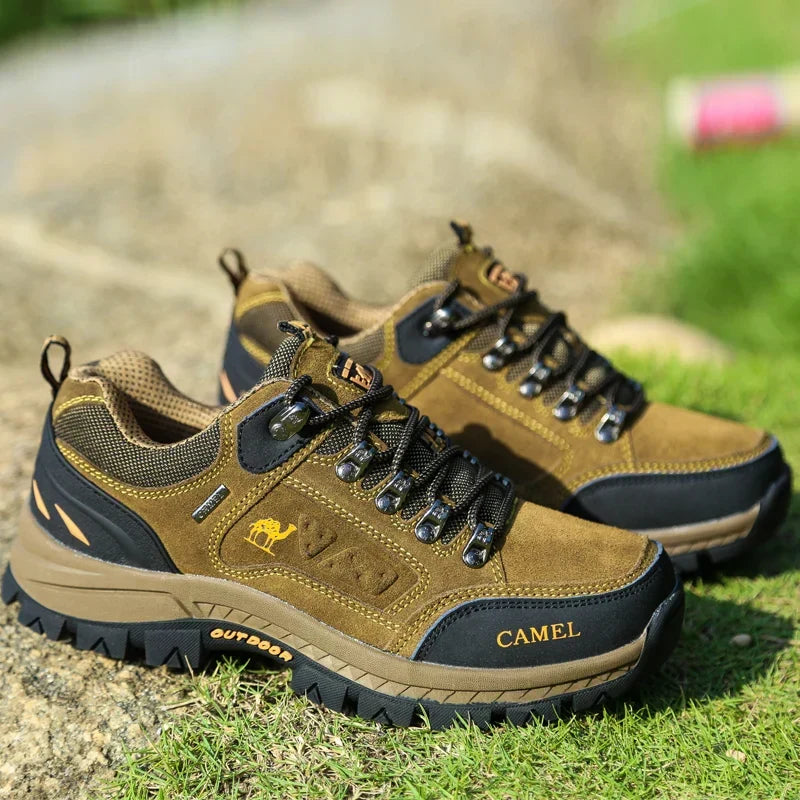 Low-cut hiking shoe with lace-up front and rugged lugged sole