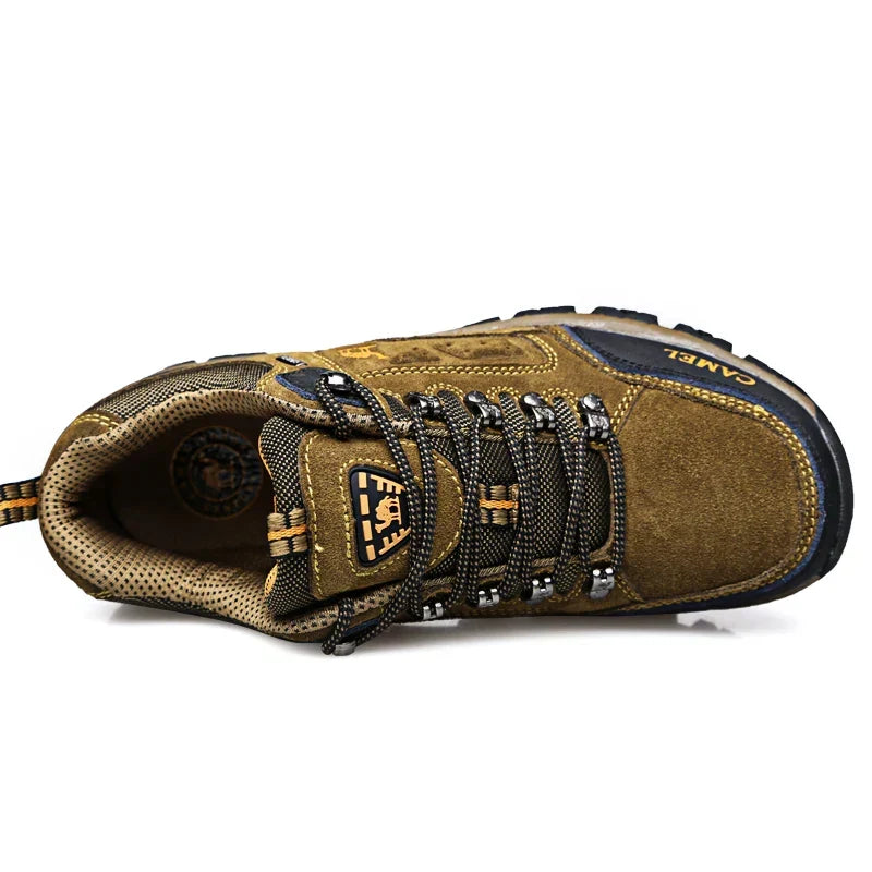 Low-cut hiking shoe with lace-up front and rugged lugged sole