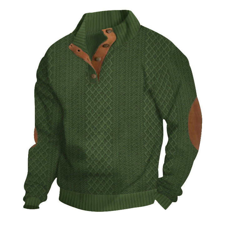 Men's textured knit sweater with mock neck, button placket and elbow patches