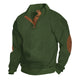Men's textured knit sweater with mock neck, button placket and elbow patches