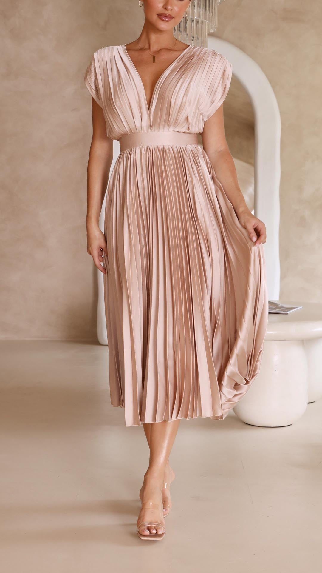 Maria Pleated Maxi Dress in Antique Pink - View 6 | Bellmere