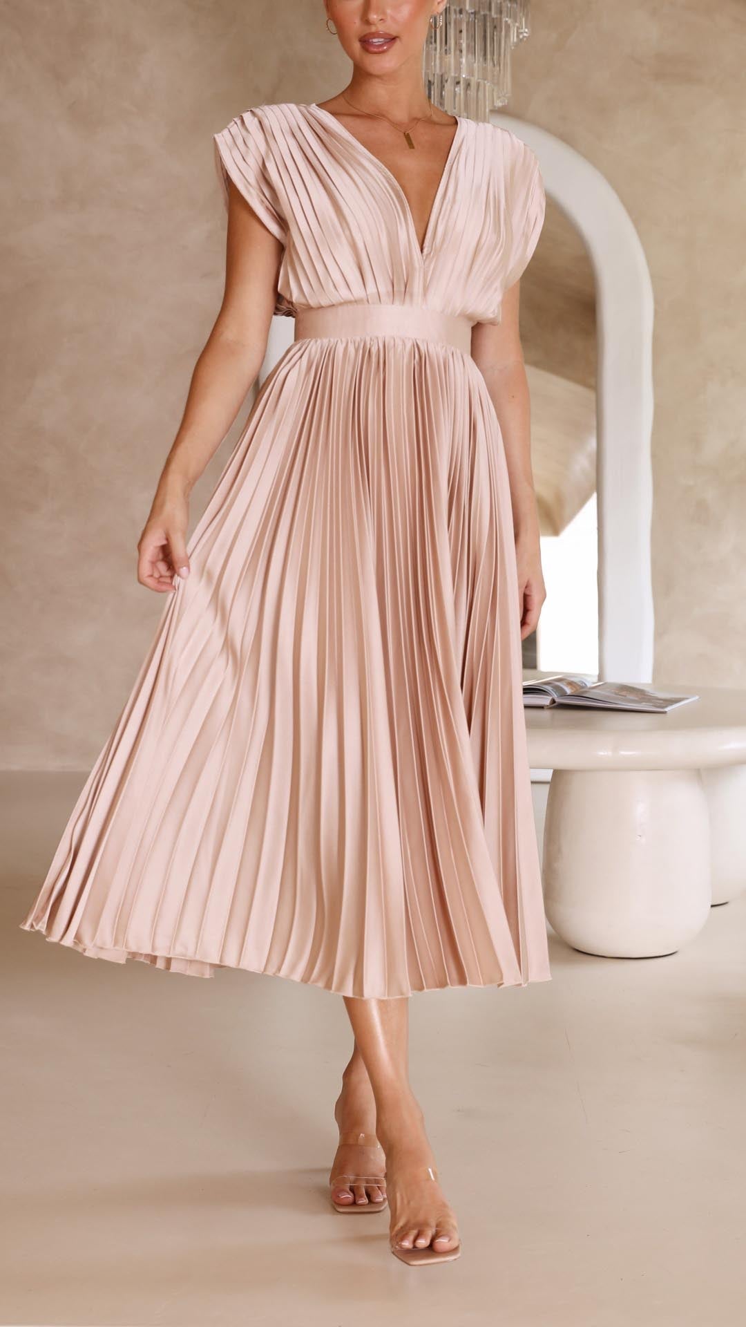 Maria Pleated Maxi Dress in Antique Pink - View 8 | Bellmere