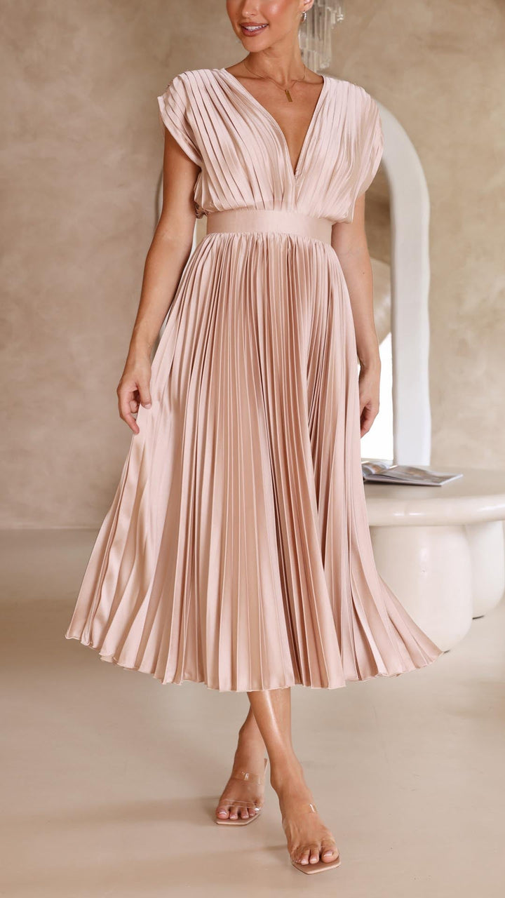 Maria Pleated Maxi Dress in Antique Pink - View 7 | Bellmere