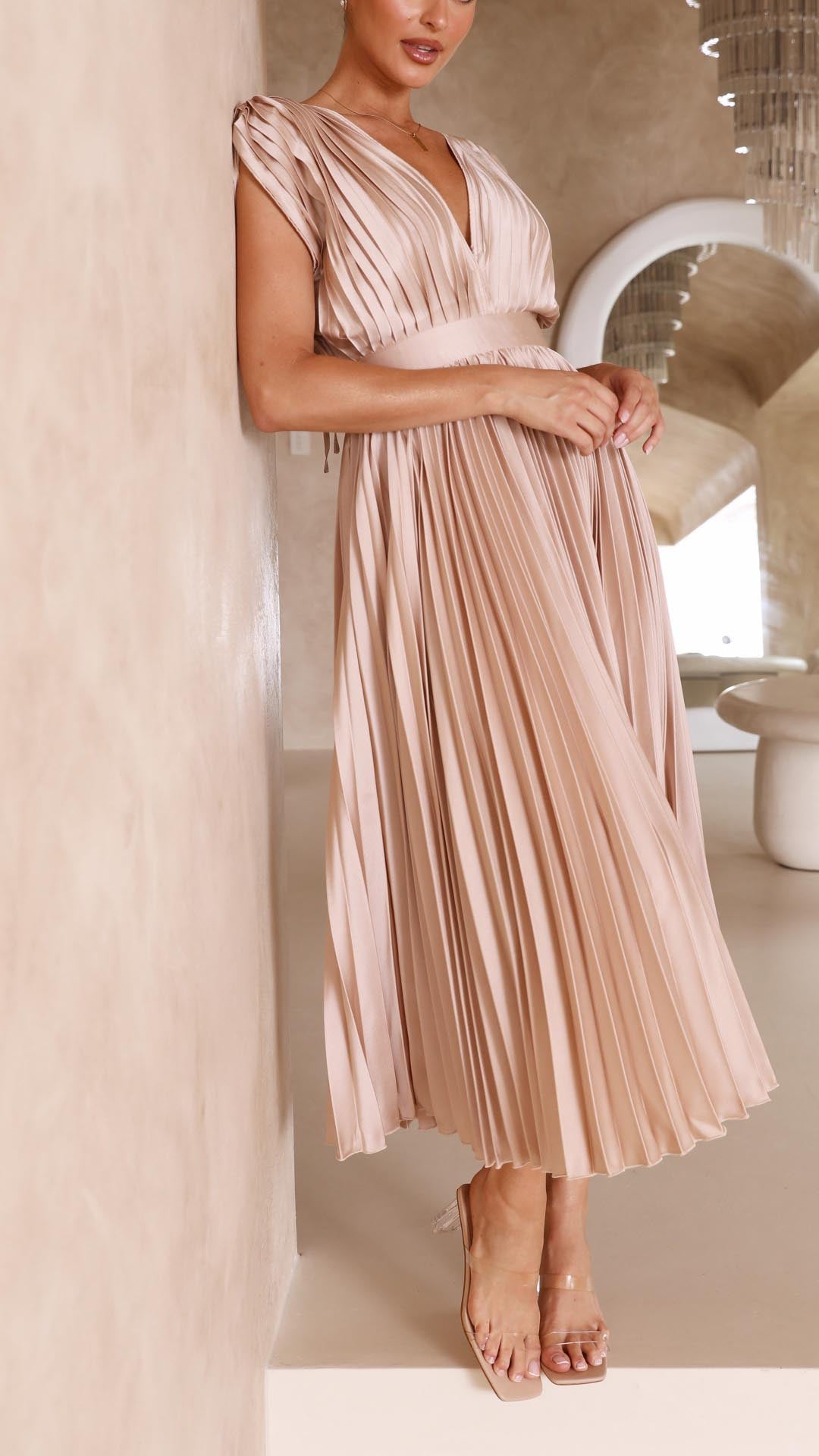 Maria Pleated Maxi Dress in Antique Pink - View 10 | Bellmere