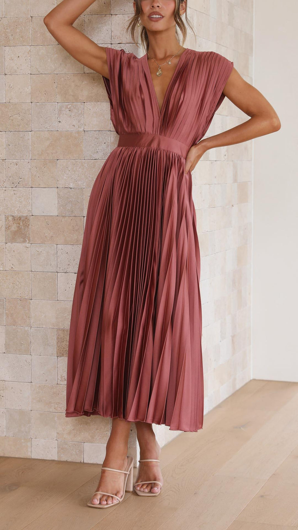 Maria Pleated Maxi Dress in Antique Pink - View 2 | Bellmere