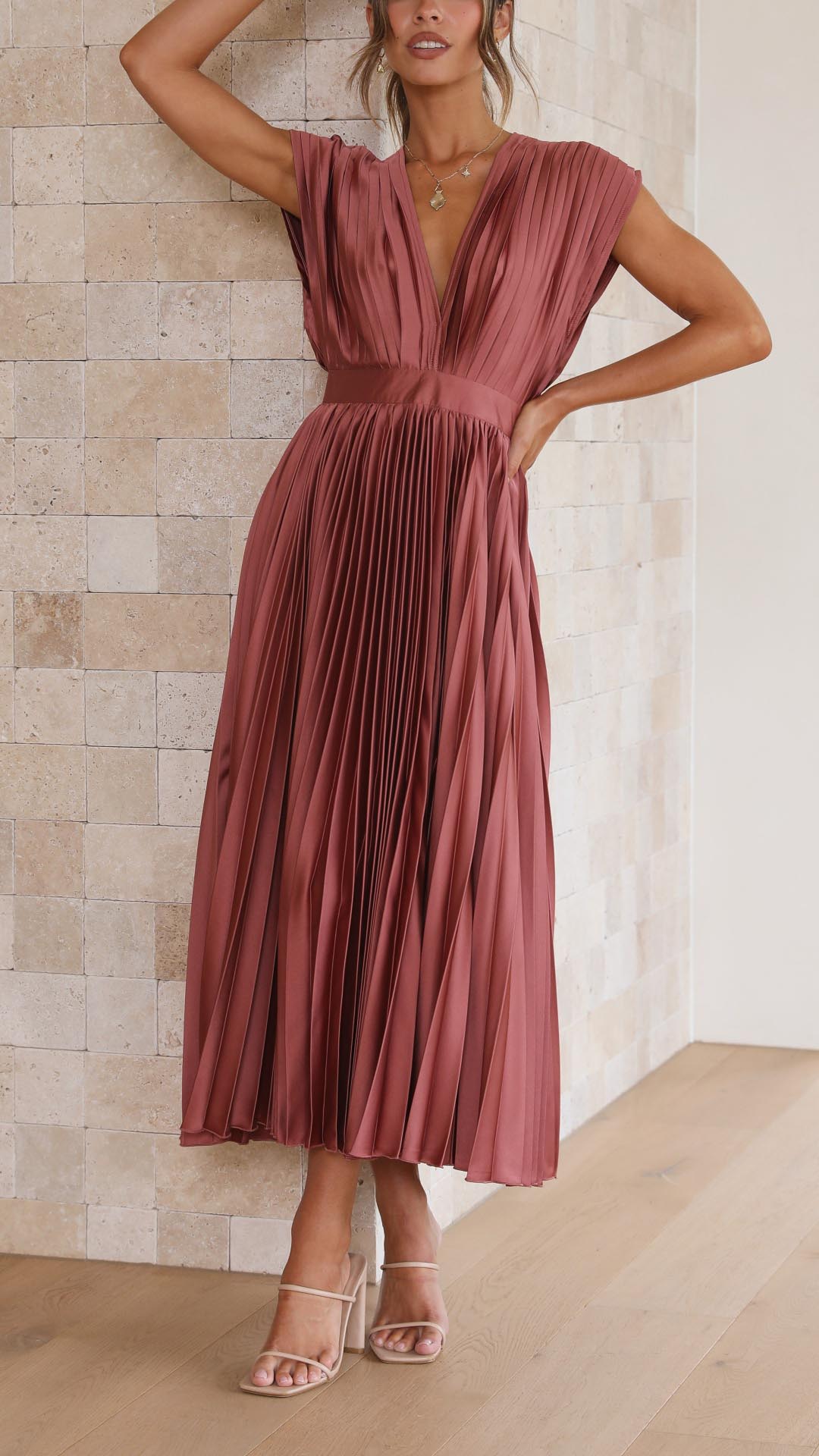 Maria Pleated Maxi Dress in Antique Pink - View 2 | Bellmere