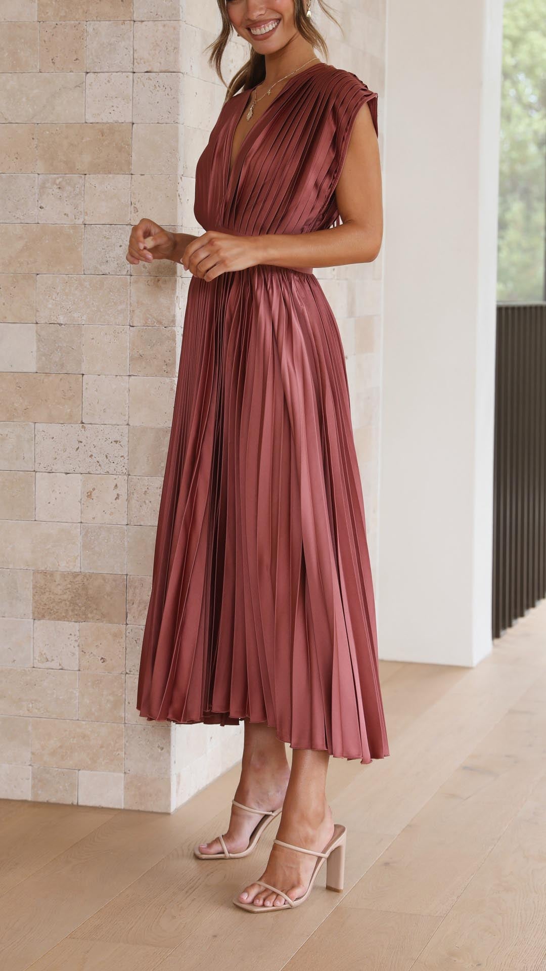 Maria Pleated Maxi Dress in Antique Pink - View 5 | Bellmere