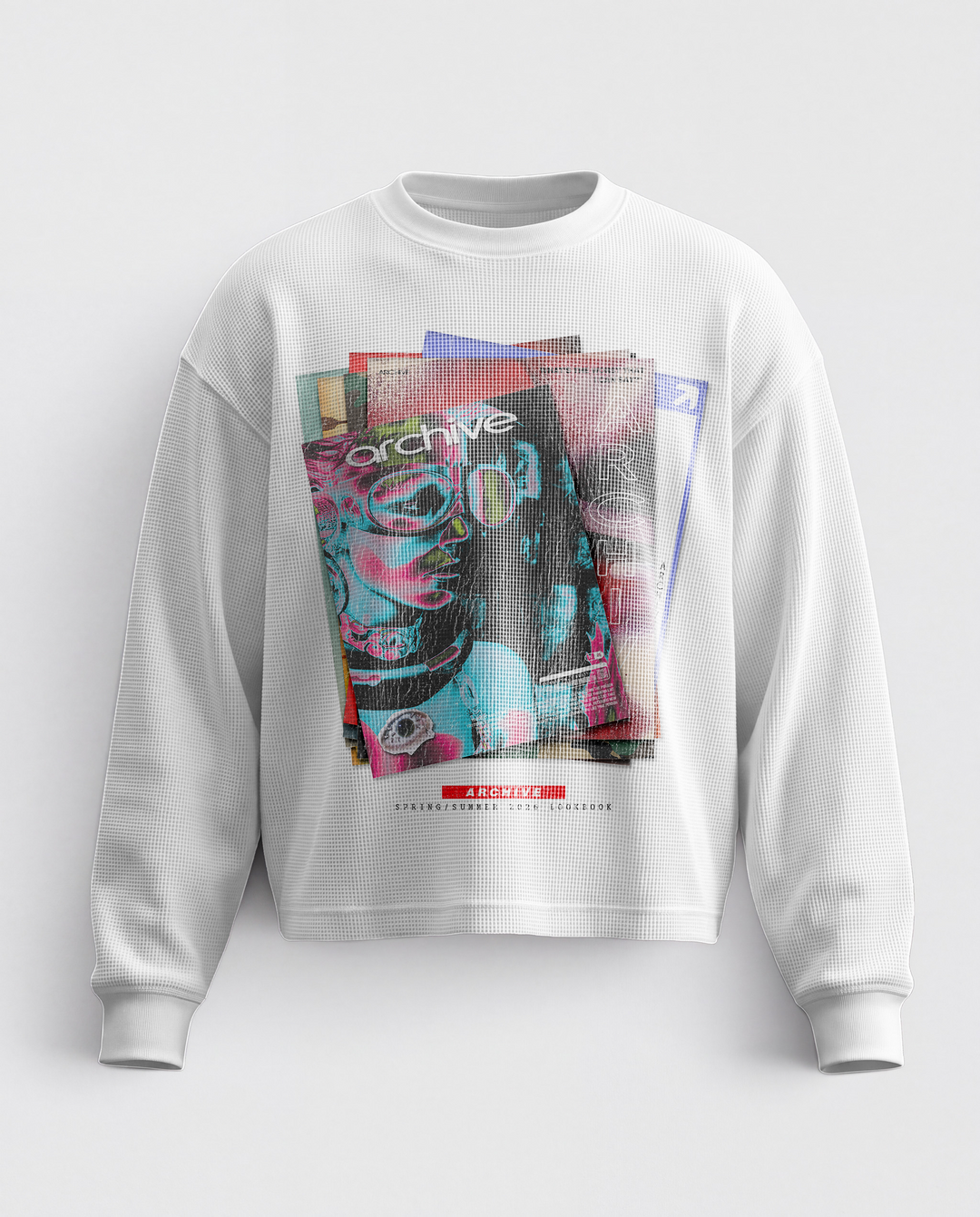 White long-sleeve sweatshirt with colorful magazine graphic