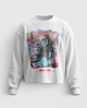 White long-sleeve sweatshirt with colorful magazine graphic