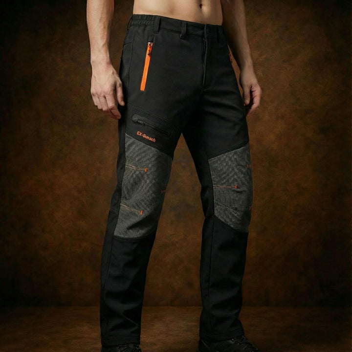Men's tapered utility trousers with zip pockets and contrasting knee panels