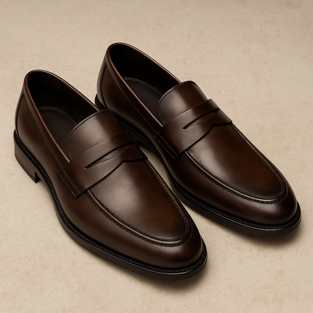 Men's slip-on penny loafers with rounded toes and low heels