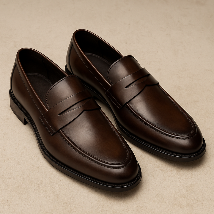 Men's slip-on penny loafers with rounded toes and low heels