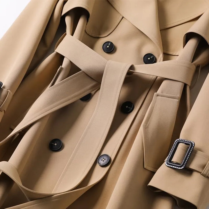 Women's double-breasted trench coat with belt and checked lining