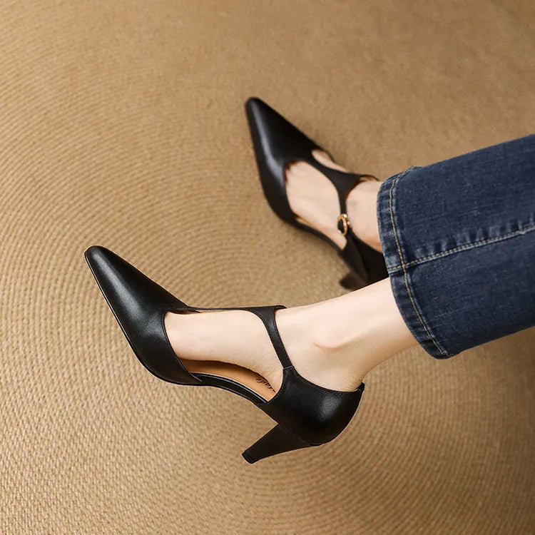 Serafina | Women's T-Strap Mid Heel Pumps Pointed Toe Leather Heels
