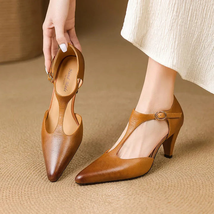 Serafina | Women's T-Strap Mid Heel Pumps - Pointed Toe