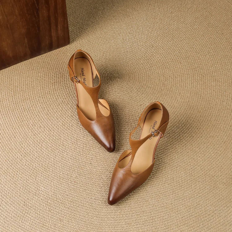 Serafina | Women's T-Strap Mid Heel Pumps Pointed Toe Leather Heels