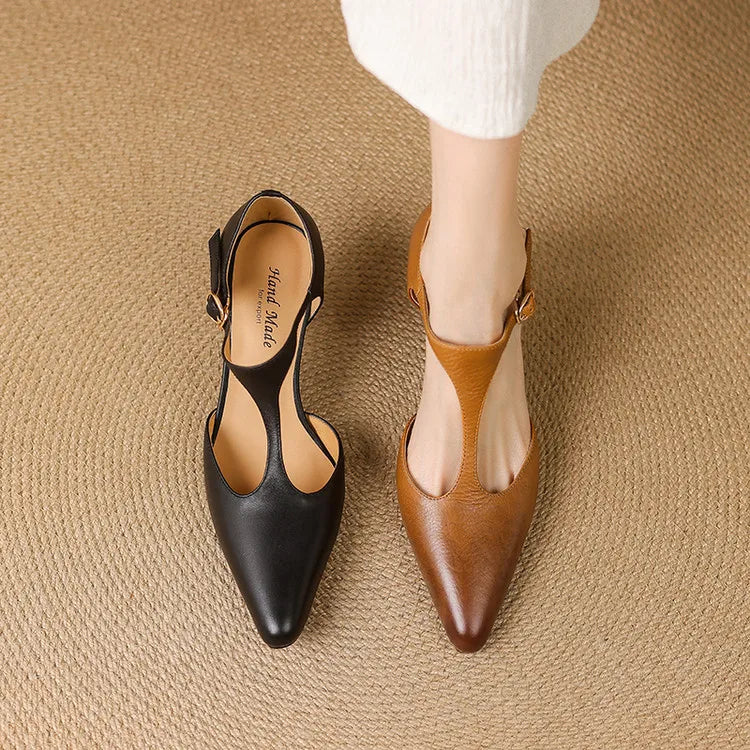 Serafina | Women's T-Strap Mid Heel Pumps Pointed Toe Leather Heels