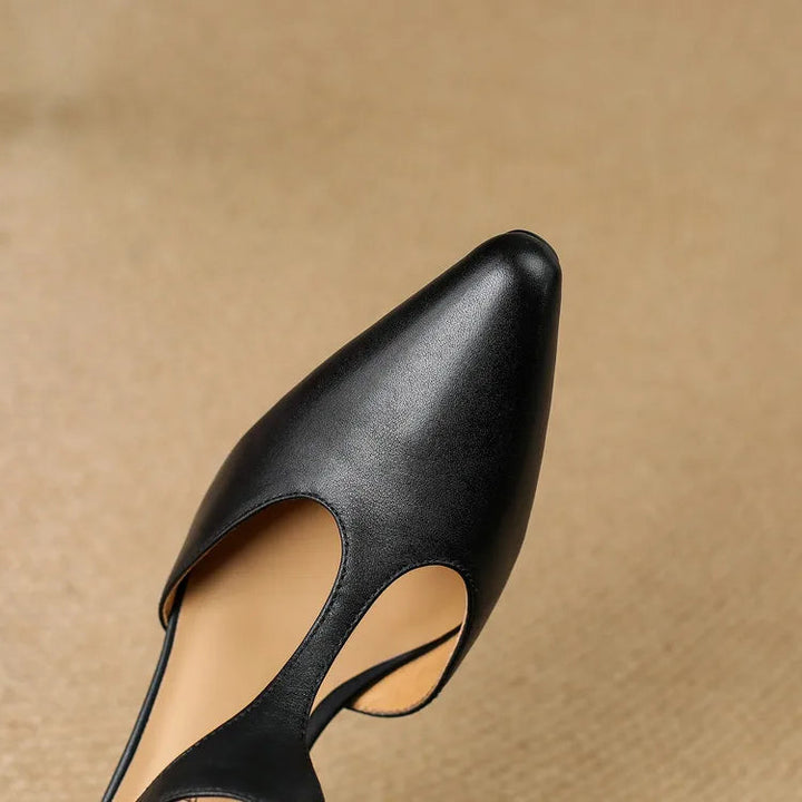 Serafina | Women's T-Strap Mid Heel Pumps Pointed Toe Leather Heels