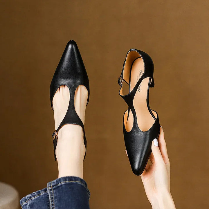Serafina | Women's T-Strap Mid Heel Pumps - Pointed Toe