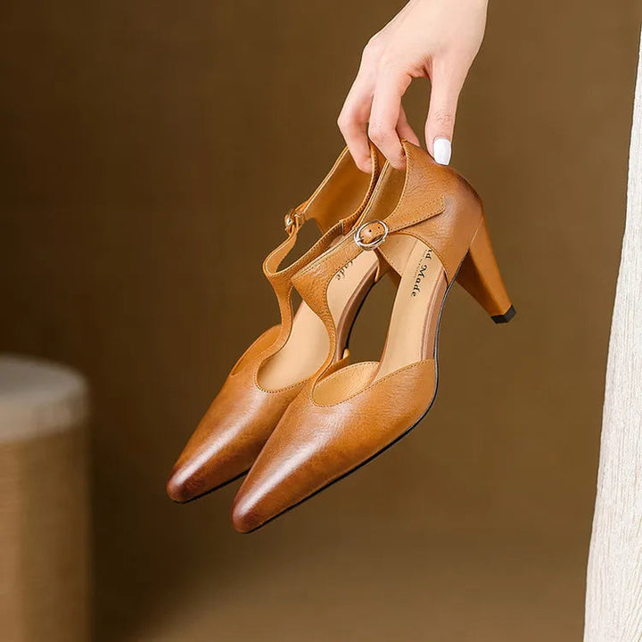 Serafina | Women's T-Strap Mid Heel Pumps Pointed Toe Leather Heels