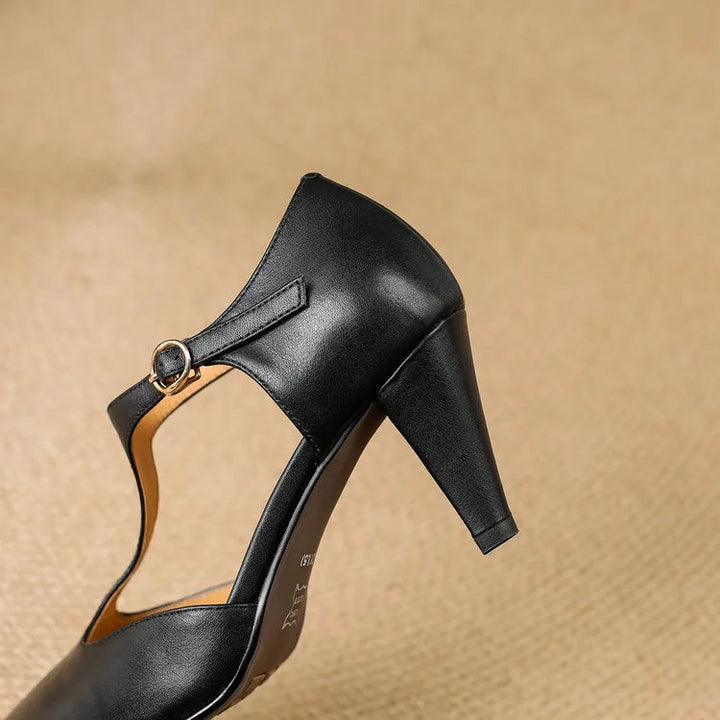 Serafina | Women's T-Strap Mid Heel Pumps Pointed Toe Leather Heels