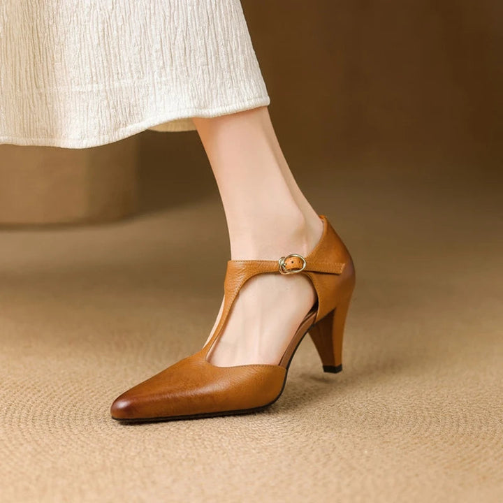 Serafina | Women's T-Strap Mid Heel Pumps Pointed Toe Leather Heels