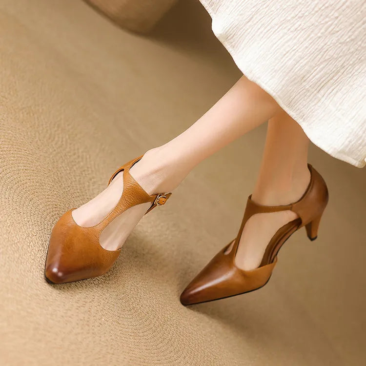 Serafina | Women's T-Strap Mid Heel Pumps Pointed Toe Leather Heels