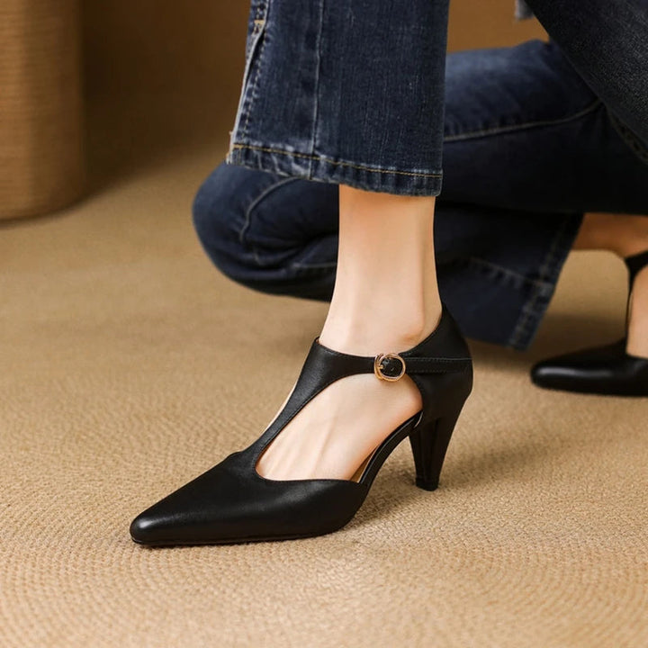 Serafina | Women's T-Strap Mid Heel Pumps Pointed Toe Leather Heels