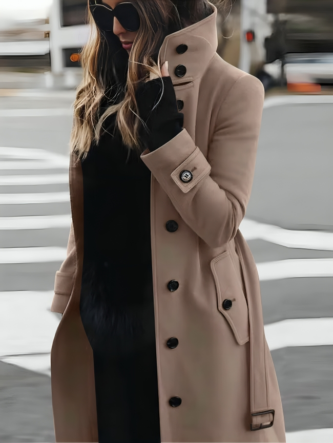 Women's belted long coat with high collar and button front